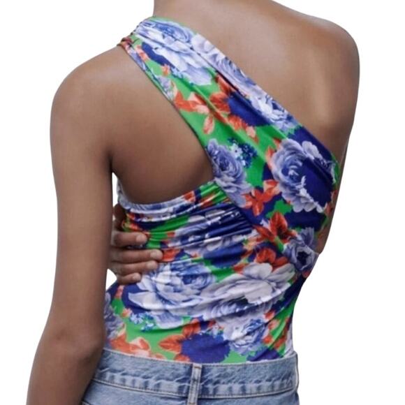Zara Floral Print Asymmetrical‎ One Shoulder Ruched  Bodysuit Size Medium New - Picture 9 of 10